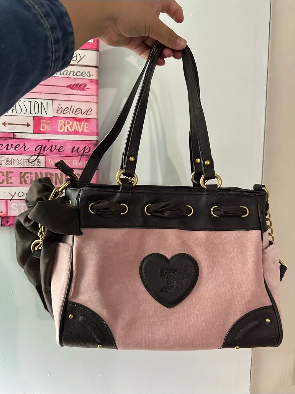 Juicy Couture Pink and Brown Logo Shoulder Bag with Heart Charm